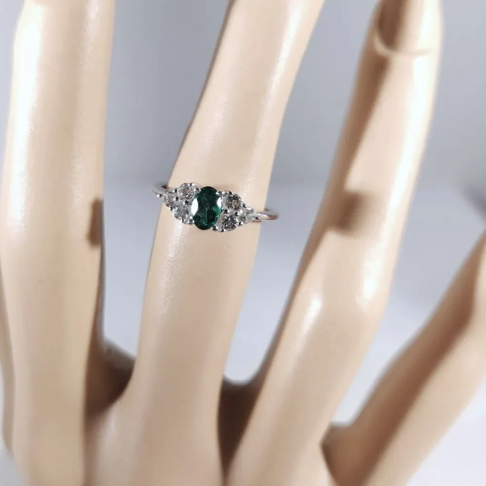 Emerald and White Topaz Ring Sterling Silver Size 7-1/4